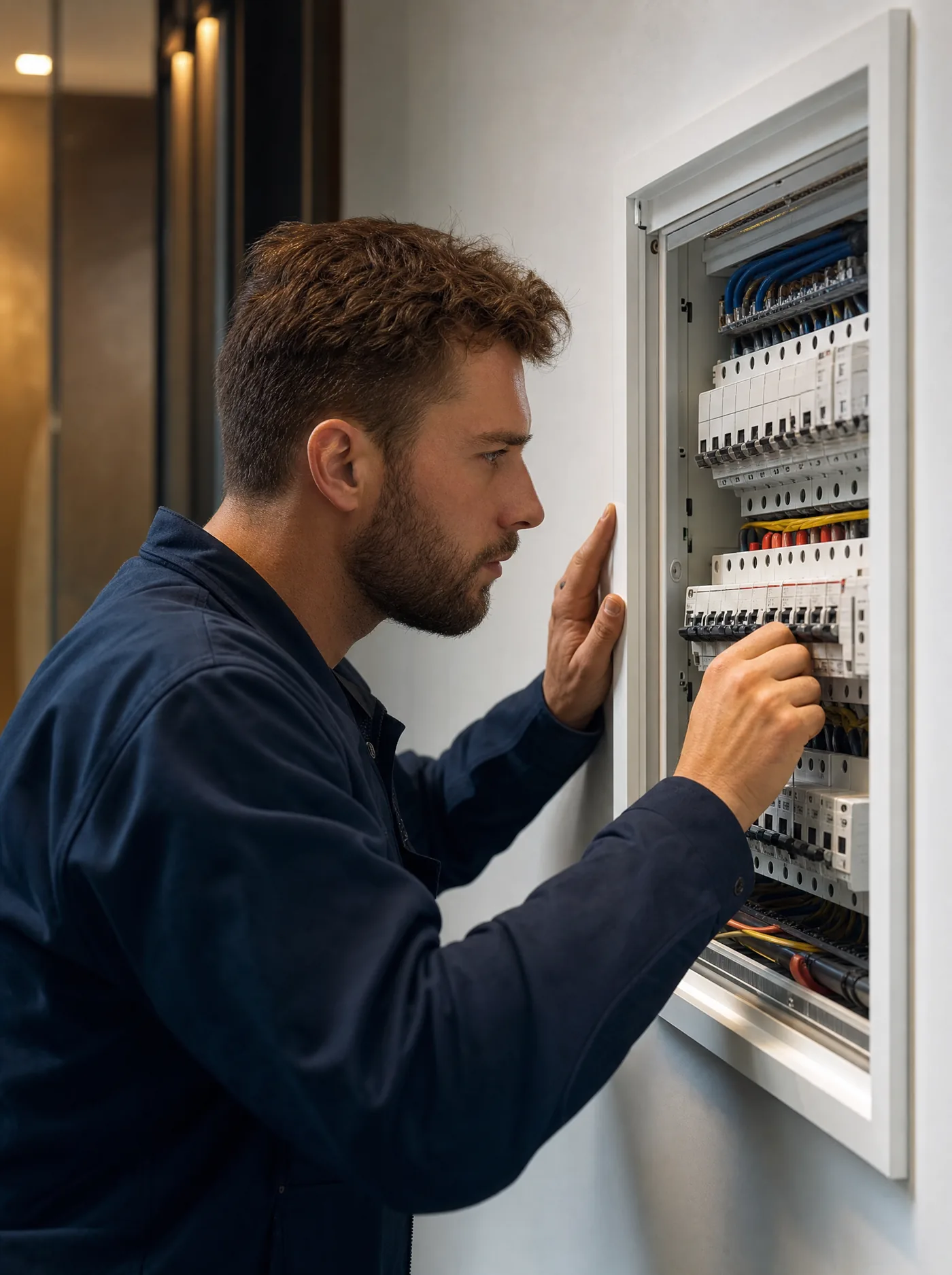 Elektriker von Z Elektrotechnik bei der Arbeit an einem Sicherungskasten